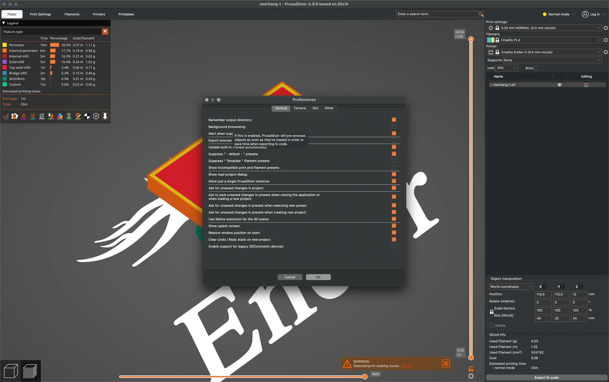 The PrusaSlicer 2.9.6 Preferences General tab with the Background processing tooltip explaining that objects are pre-processed to save time when exporting G-code