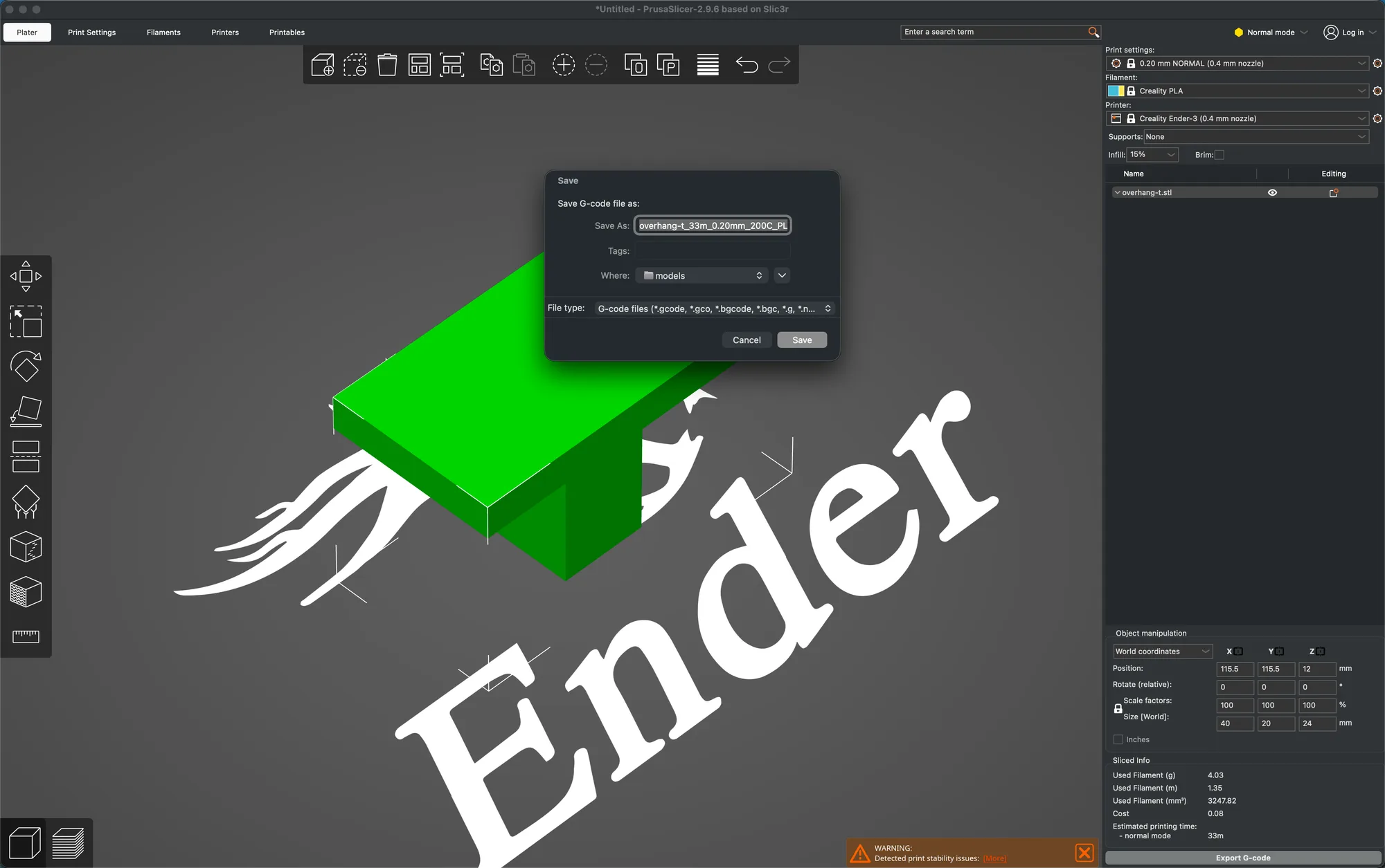 The macOS Save dialog titled Save G-code file as in PrusaSlicer 2.9.6, with the suggested name overhang-t_33m_0.20mm_200C_PLA_ENDER3