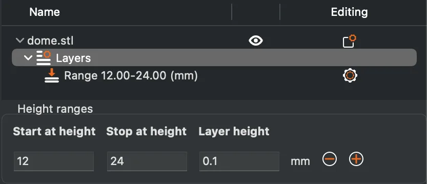 PrusaSlicer Height ranges panel with start 12, stop 24 and layer height 0.1