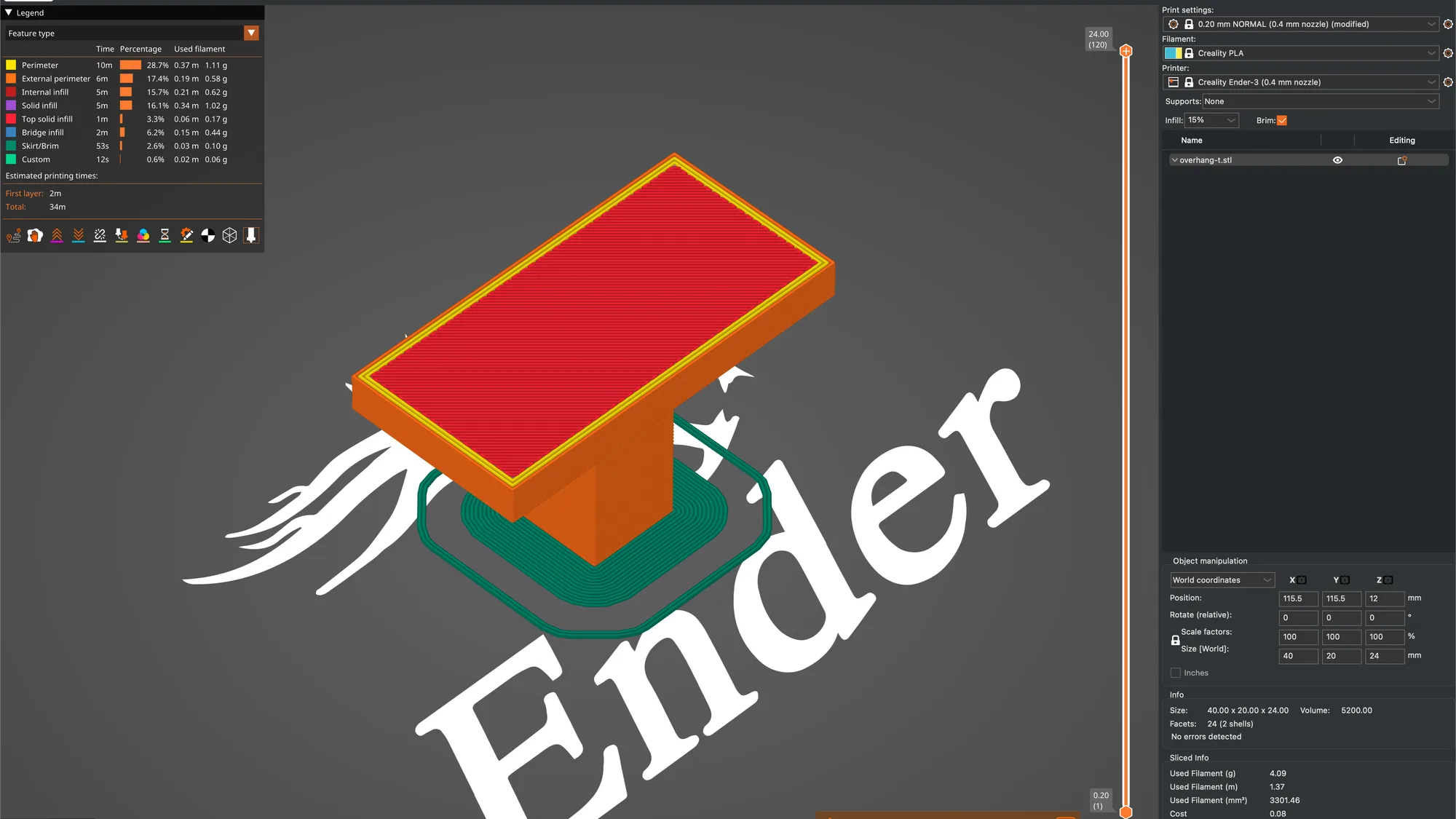 PrusaSlicer Preview showing the overhang-t T-shaped part with a green skirt and a wide green brim around its stem on the build plate