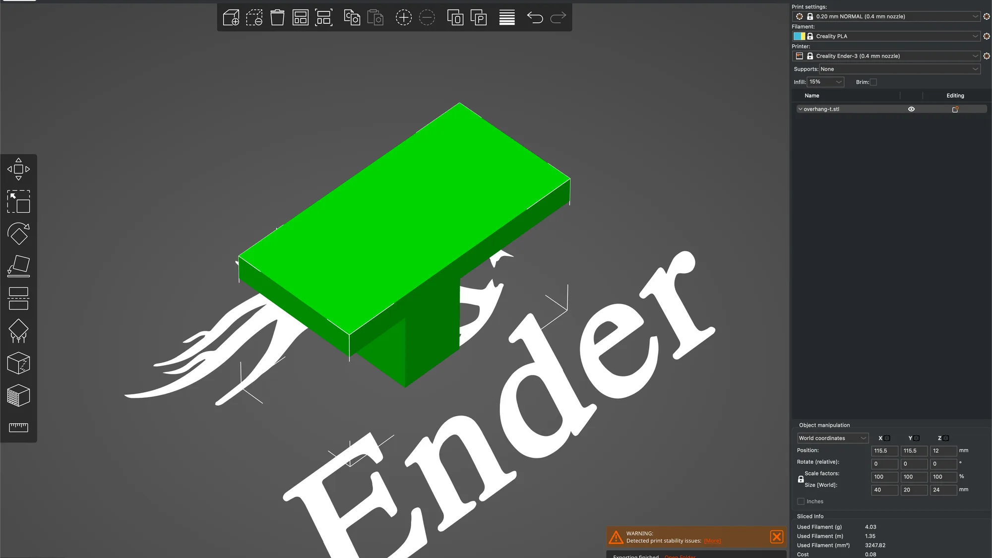 PrusaSlicer 2.9.6 on macOS showing the overhang-t part and an Exporting finished notice after G-code was saved