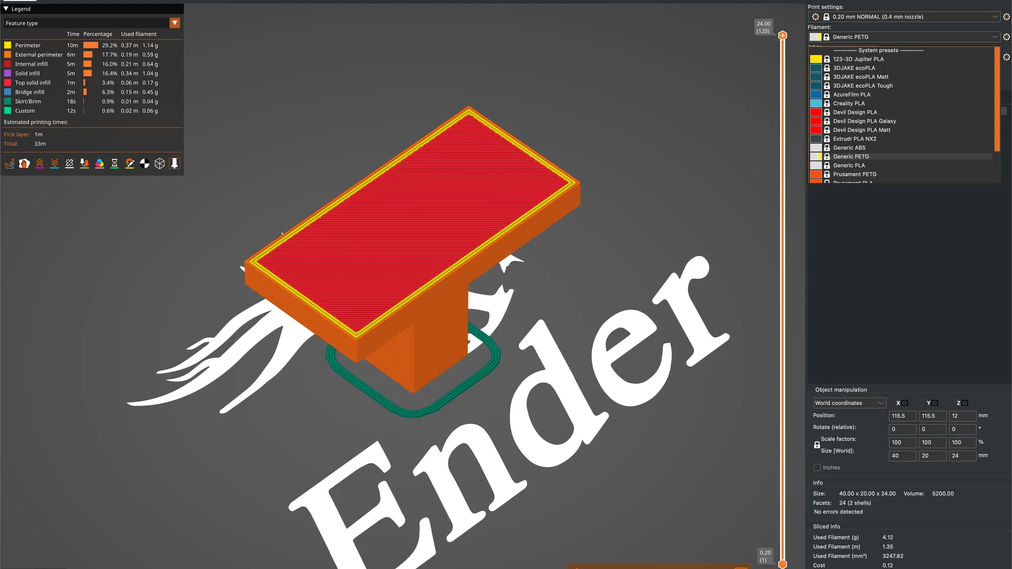 PrusaSlicer 2.9.6 on macOS with the filament preset list open, showing Generic ABS, Generic PETG and Creality PLA system presets
