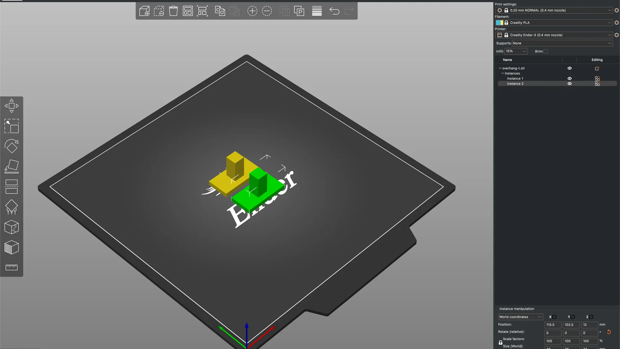 PrusaSlicer Plater in Normal mode with two arranged copies of the T shaped test model, the object list showing Instance 1 and Instance 2
