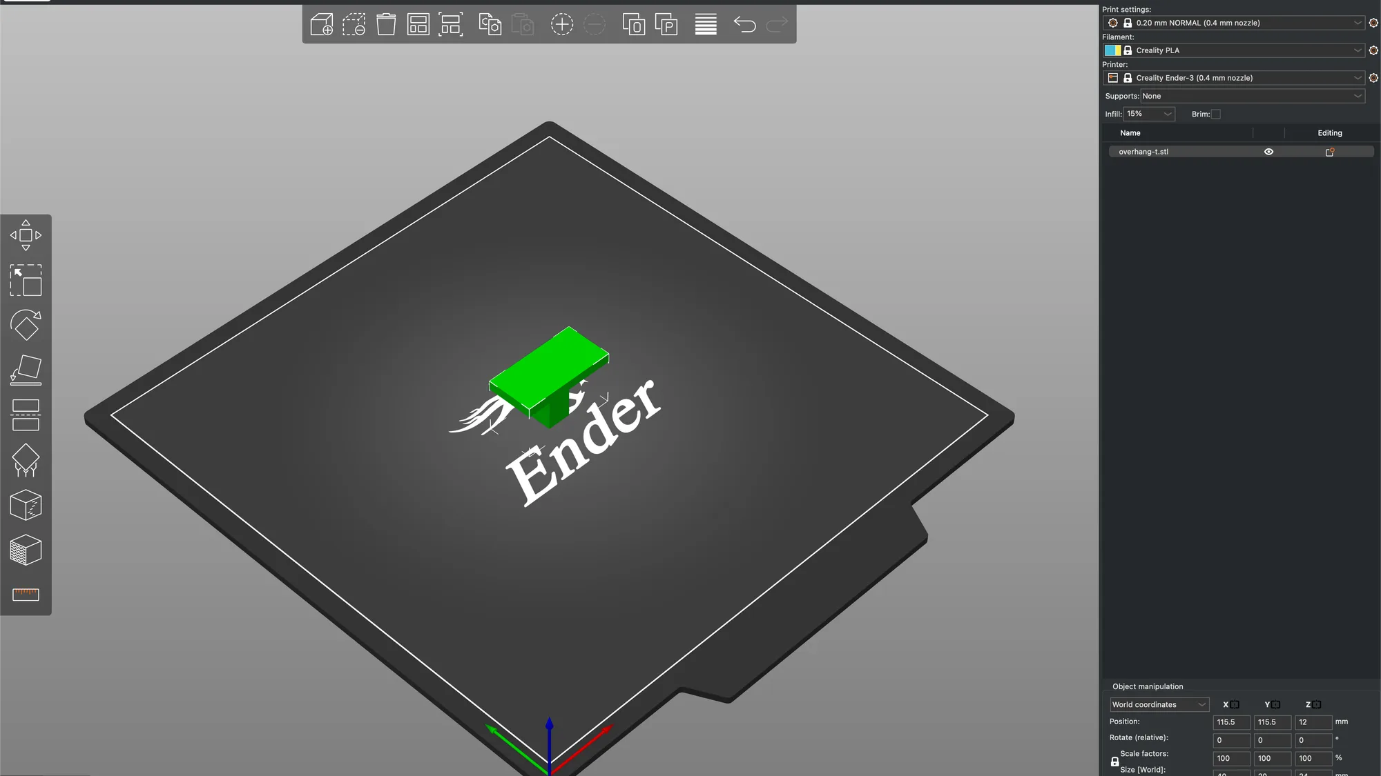 PrusaSlicer Plater in Normal mode showing the toolbar, left tool column, object list and sidebar with the T shaped test model