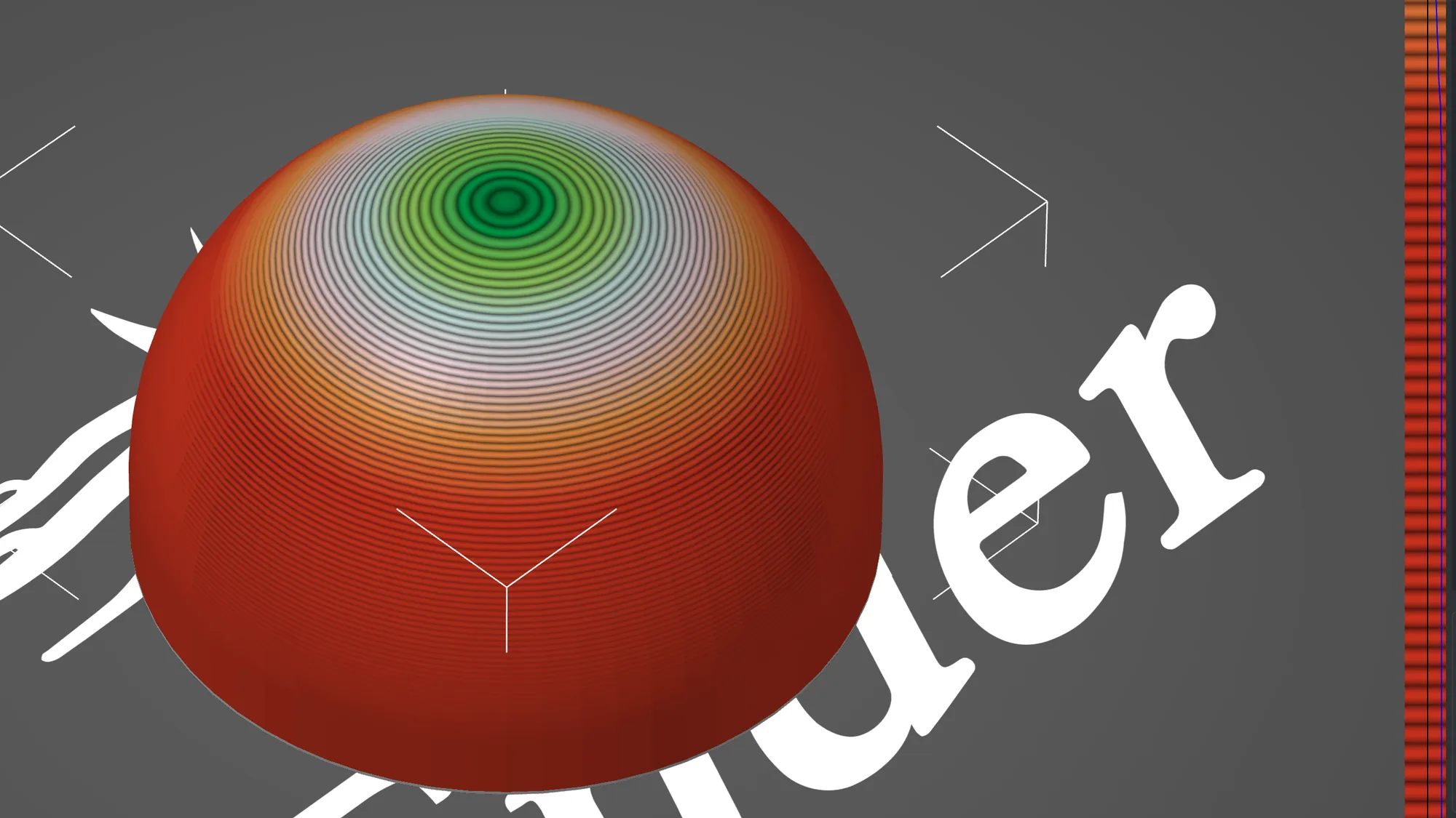 PrusaSlicer variable layer height tool showing a dome with a colour map from red for thick layers to green for thin layers at the top