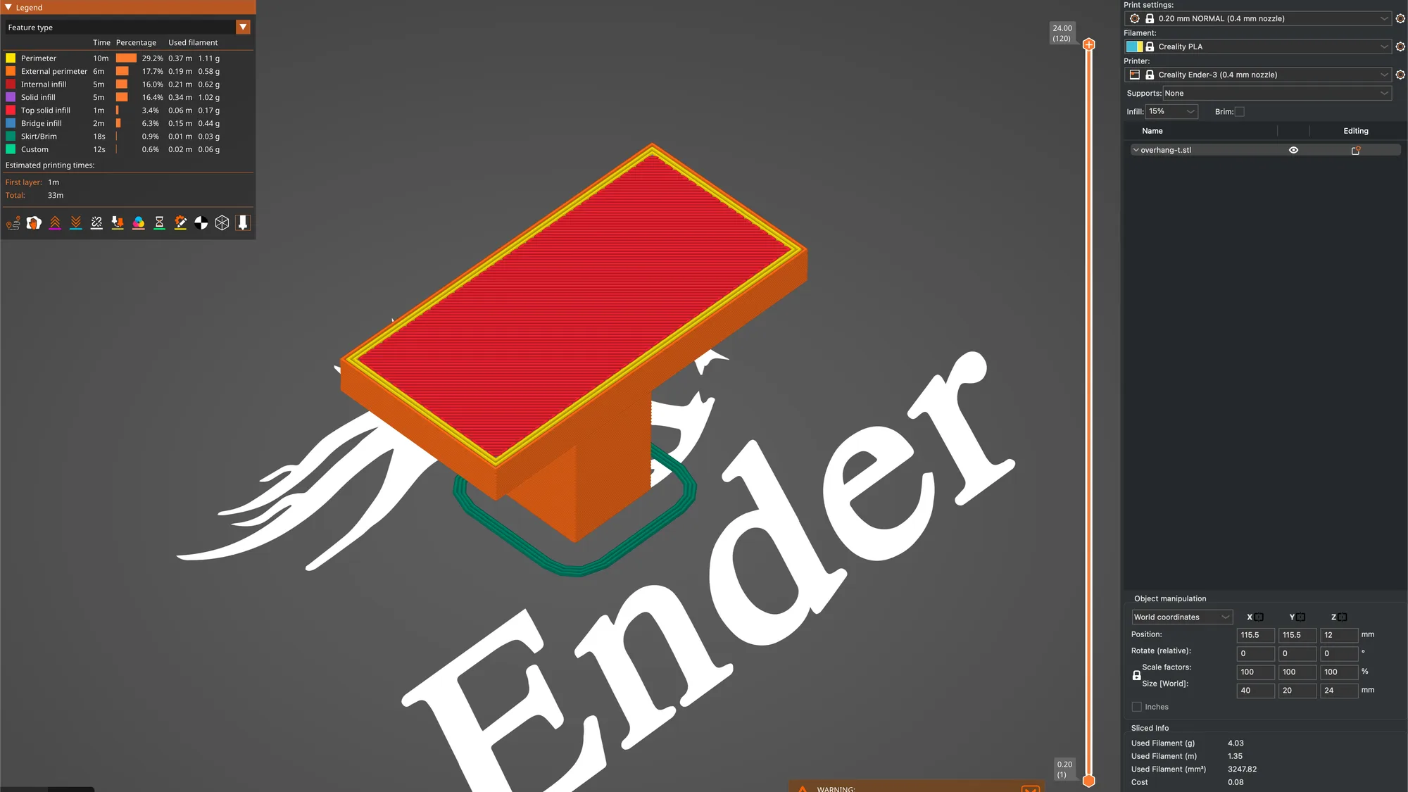 PrusaSlicer Preview tab showing the overhang-t test part in Feature type colours with the legend and the layer slider