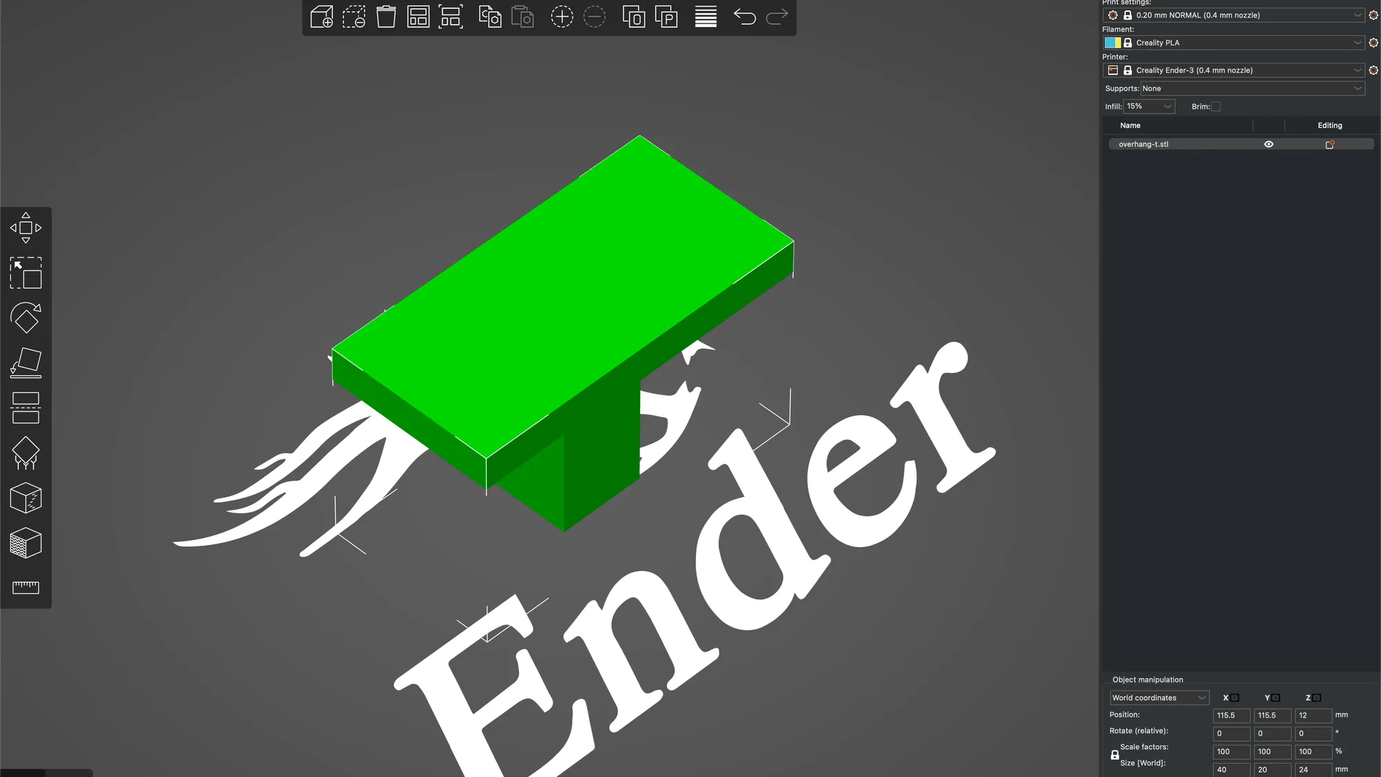 PrusaSlicer 2.9.6 Plater on macOS with a green T shaped test part selected on the Ender-3 bed, the tool column on the left and the preset boxes on the right