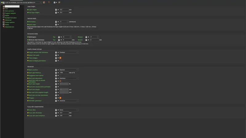 PrusaSlicer Print Settings tab in Normal mode showing the Layers and perimeters page with layer height, perimeters and solid layers