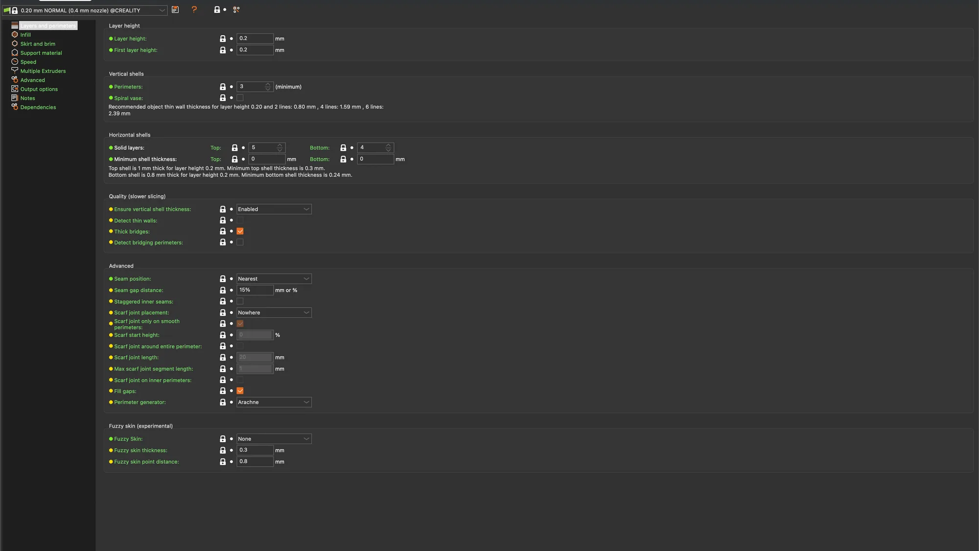 PrusaSlicer Print Settings tab in Normal mode showing the Layers and perimeters page with layer height, perimeters and solid layers