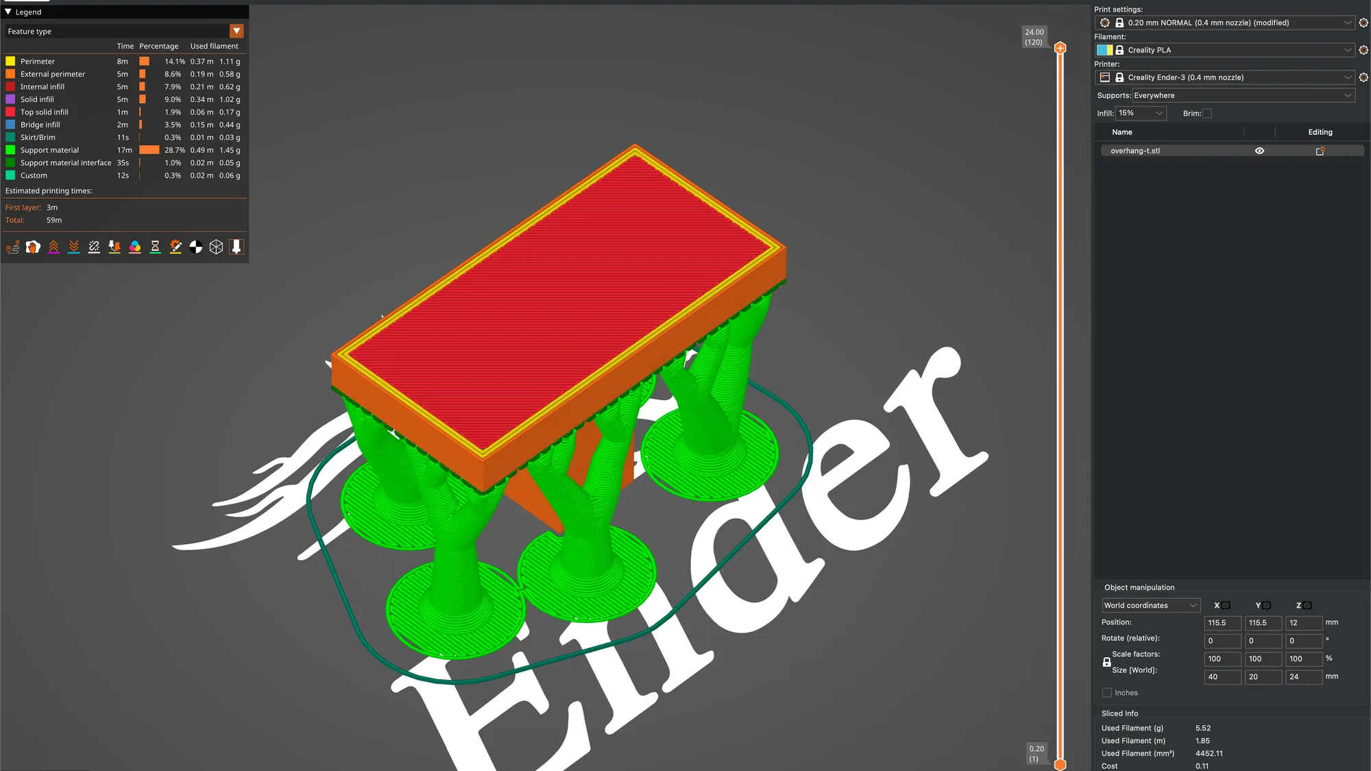 PrusaSlicer Preview showing green organic tree supports with round bases holding up the overhanging bar of a T shaped test part, feature legend on the left