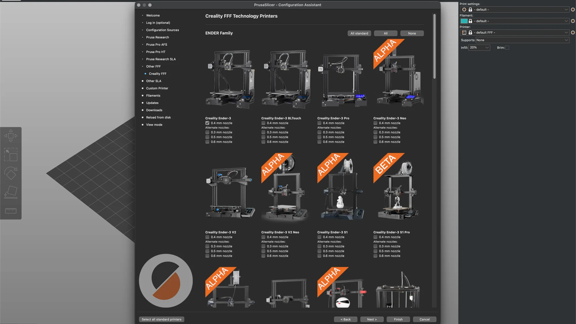 PrusaSlicer Configuration Assistant showing the Creality printer models page