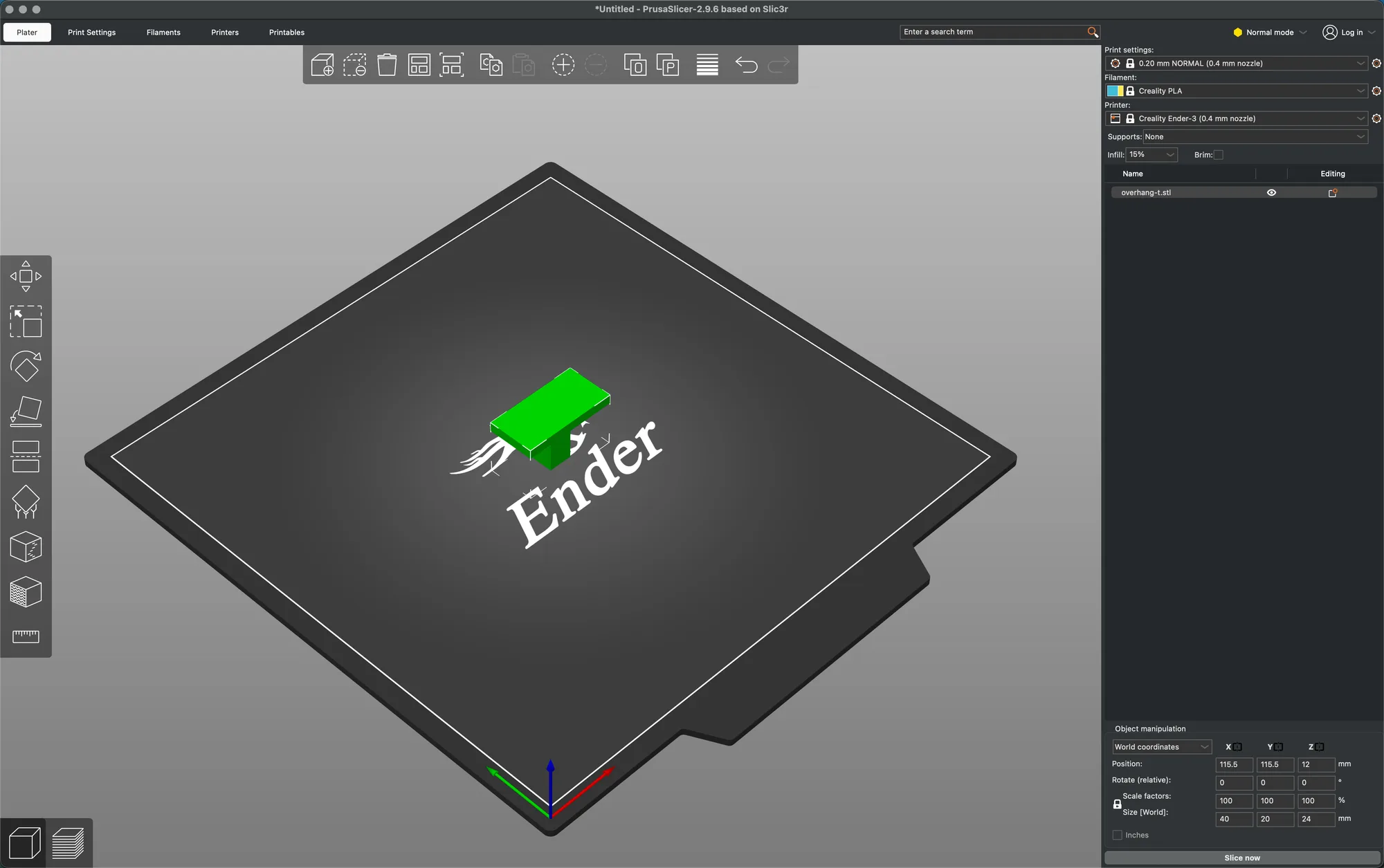 PrusaSlicer after import with the object list and the Object manipulation panel showing Position, Rotate, Scale factors and Size