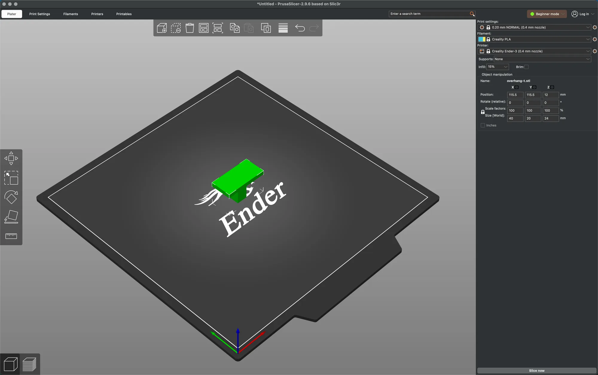 PrusaSlicer Plater in Beginner mode with the sidebar showing Object manipulation but no object list