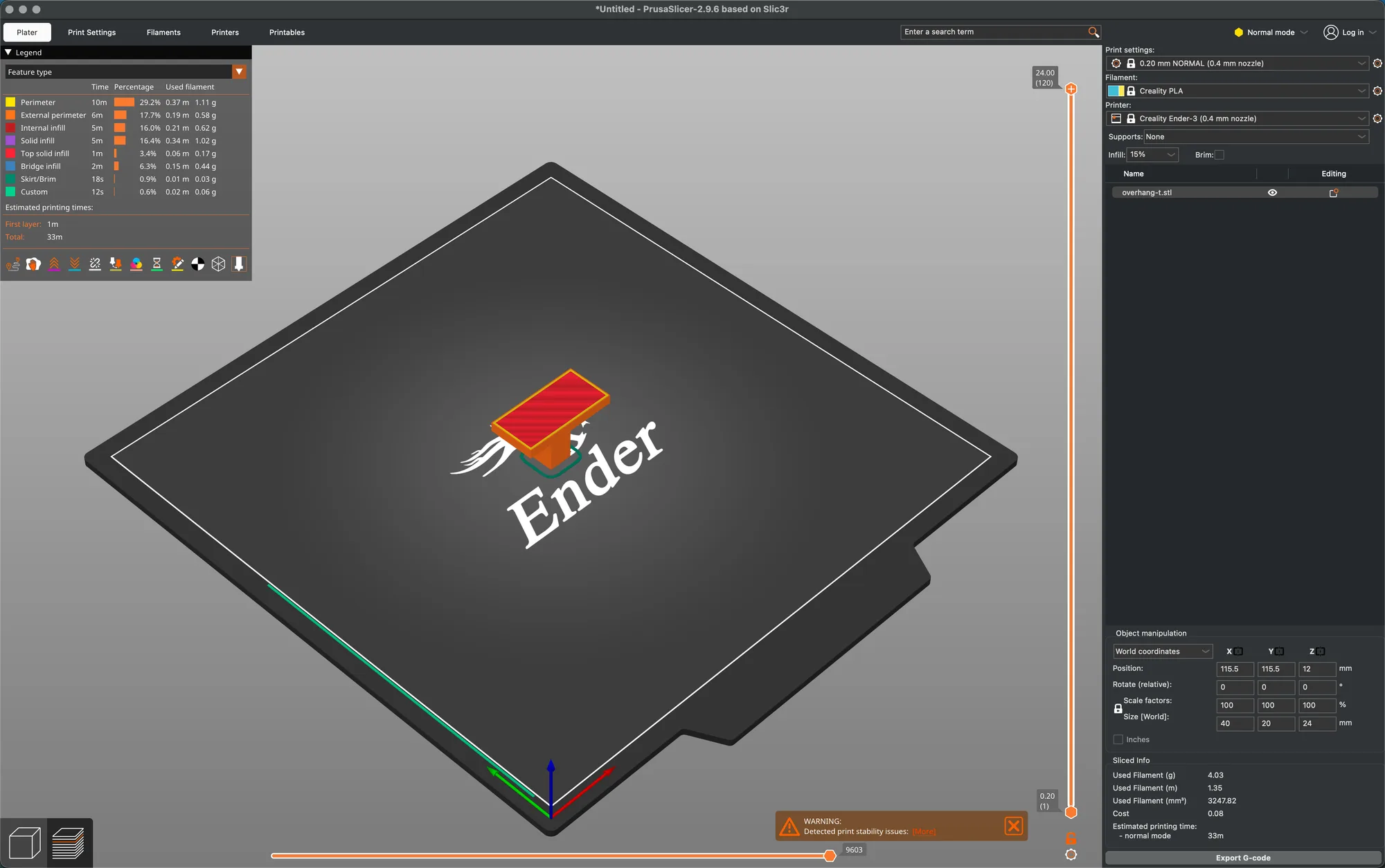 PrusaSlicer Preview view of the sliced test model with the legend, layer slider and Export G-code button