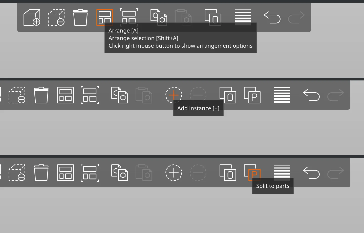 Three PrusaSlicer toolbar tooltips: Arrange, Add instance and Split to parts