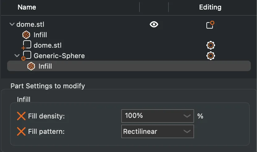 PrusaSlicer object list showing a Generic-Sphere modifier with Fill density 100 percent and Fill pattern Rectilinear