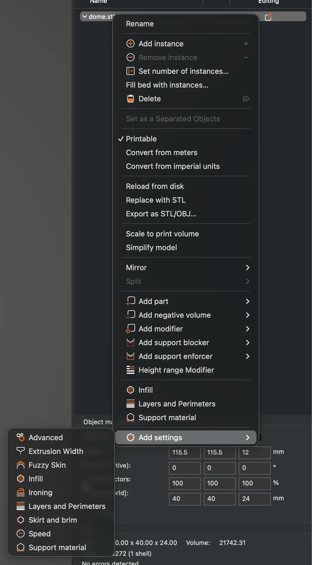 PrusaSlicer object list context menu listing Add modifier, Height range Modifier, Infill, Layers and Perimeters and the Add settings submenu