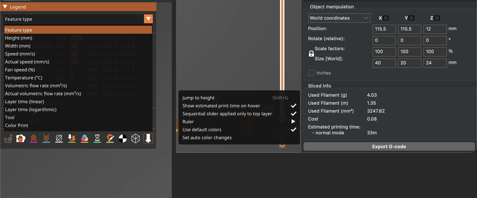 The PrusaSlicer view drop-down listing thirteen entries beside the slider cog menu and the Sliced Info box