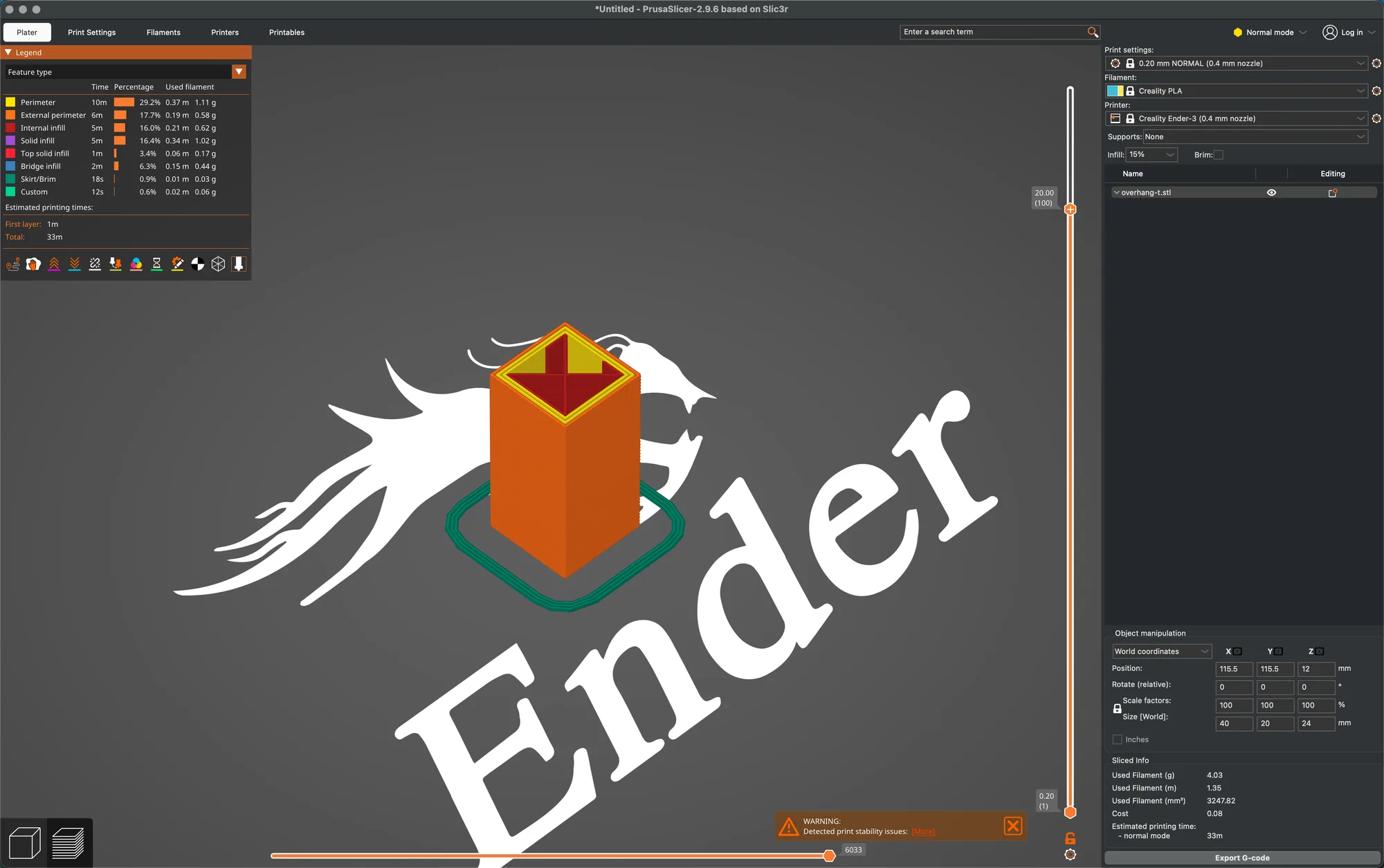 PrusaSlicer Preview with the vertical slider at 20.00 mm, layer 100, showing the layers above in hidden