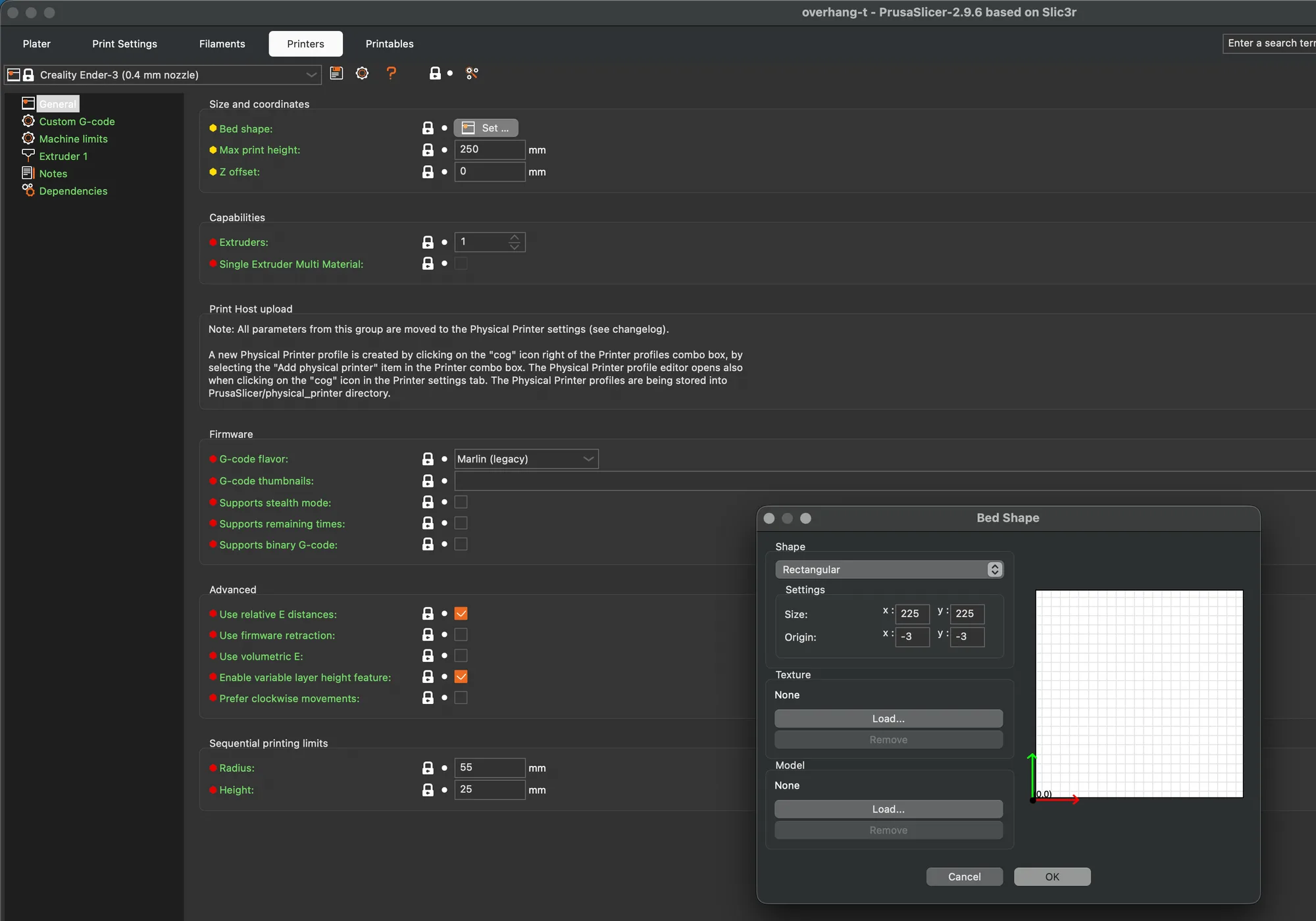 PrusaSlicer Printer Settings General page for the Creality Ender-3 with the Bed Shape dialog showing a 225 by 225 rectangle