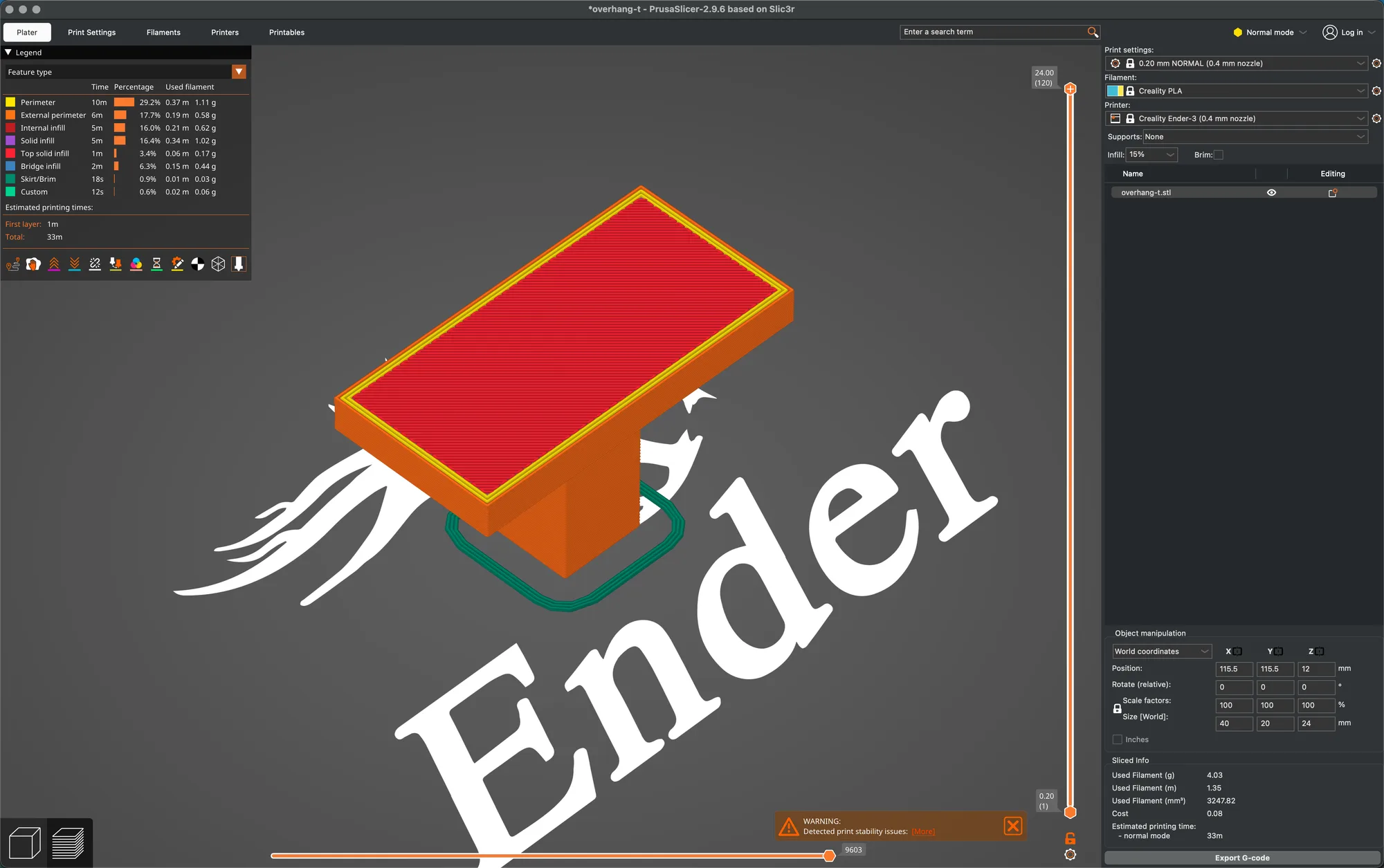 PrusaSlicer 2.9.6 Preview in Feature type colours with the legend, layer slider and Sliced Info box reading 4.03 g and 33m