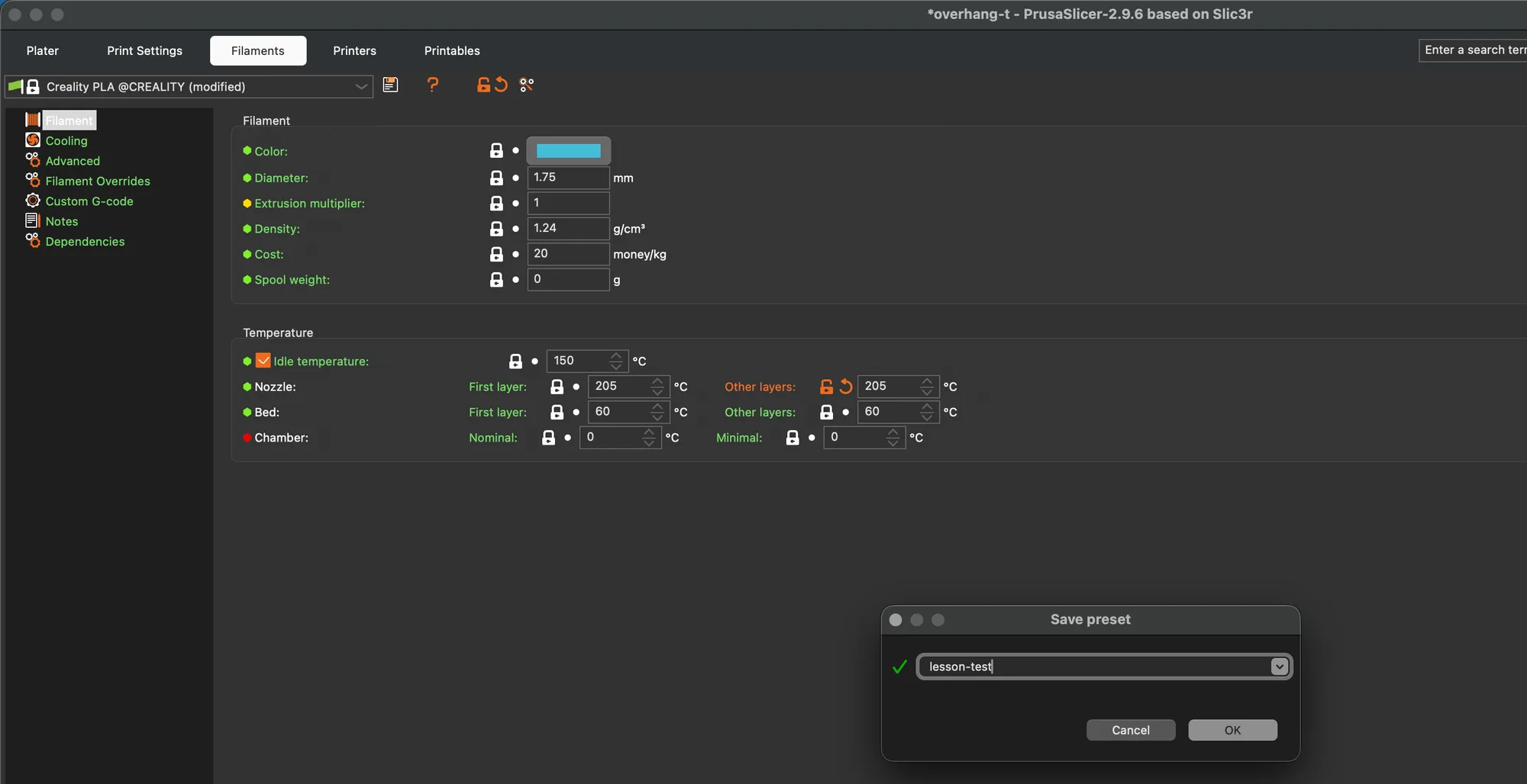 PrusaSlicer Save preset dialog asking for a name on the Filaments tab after changing the nozzle temperature