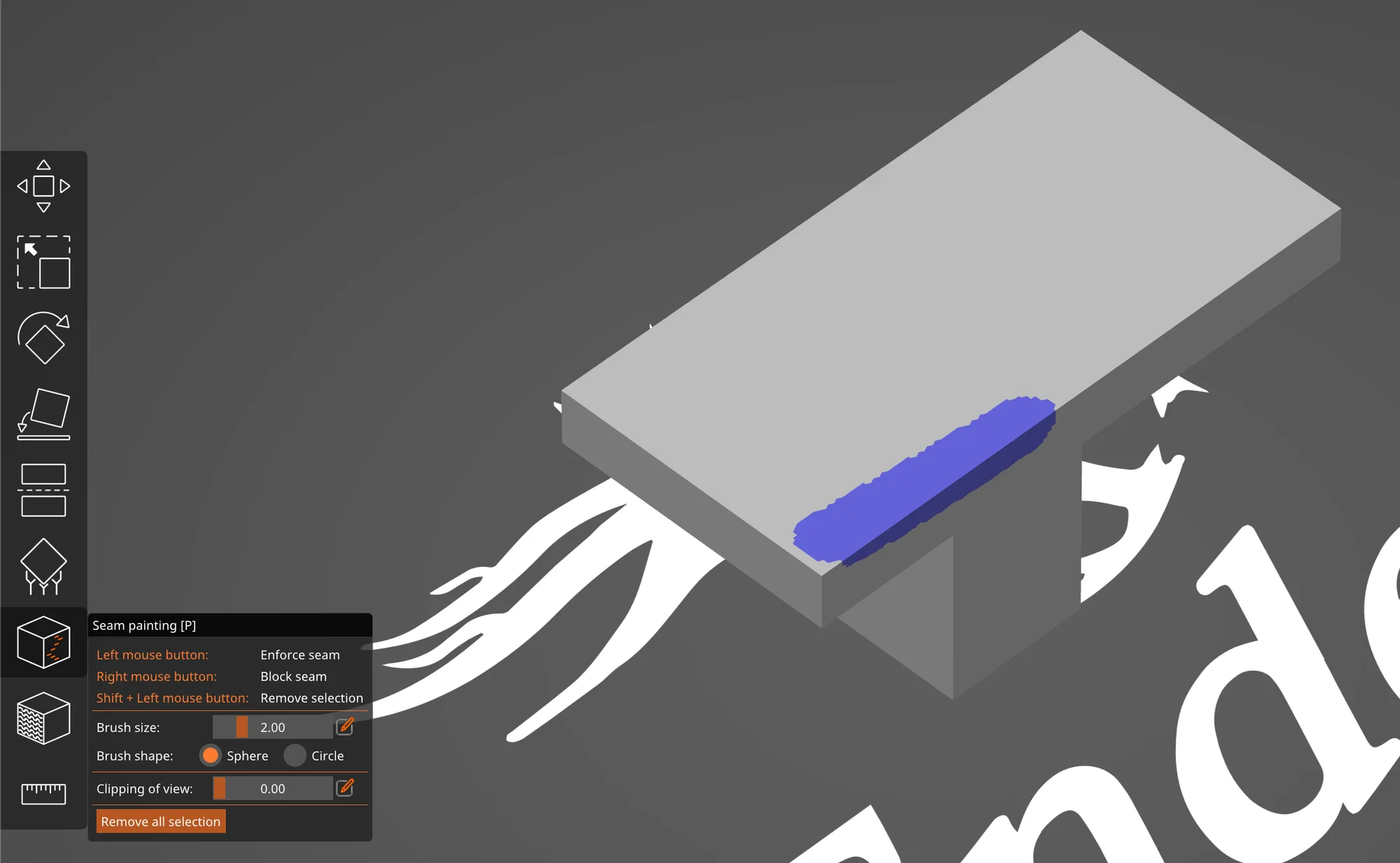 PrusaSlicer Seam painting panel beside the overhang-t part with one blue enforced seam stroke on the top face