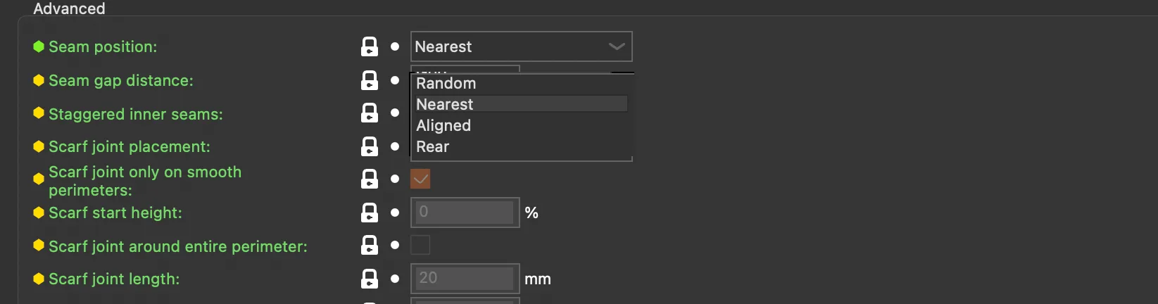 PrusaSlicer Seam position drop-down open on Random, Nearest, Aligned and Rear