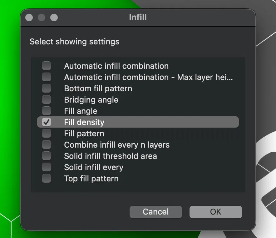 PrusaSlicer Infill dialog with a checklist of infill settings and Fill density ticked