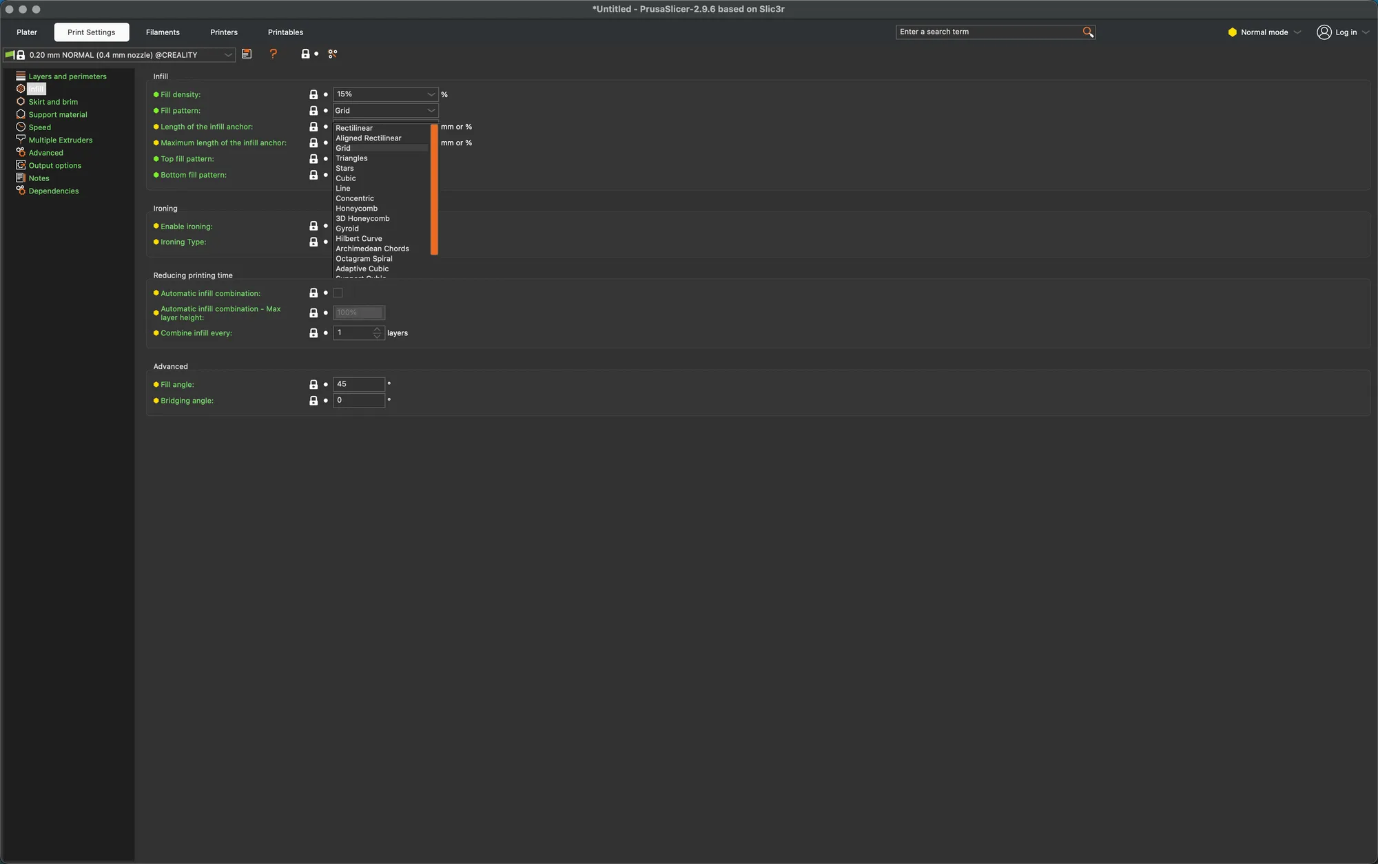 The Fill pattern drop-down on the PrusaSlicer Infill page listing Rectilinear, Aligned Rectilinear, Grid, Triangles and more