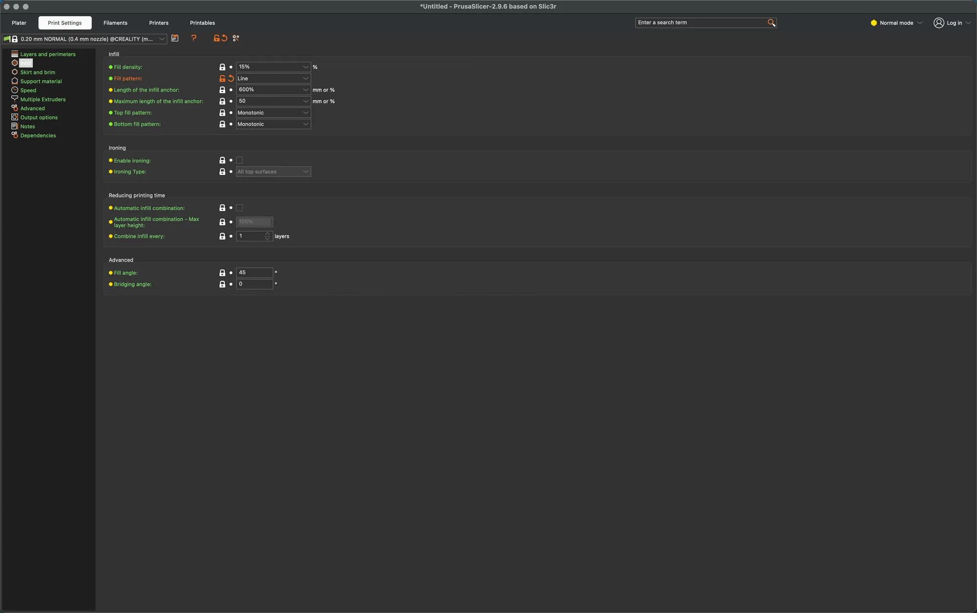The Infill page with Fill pattern changed to Line: orange label, open orange lock, back arrow and a modified preset name