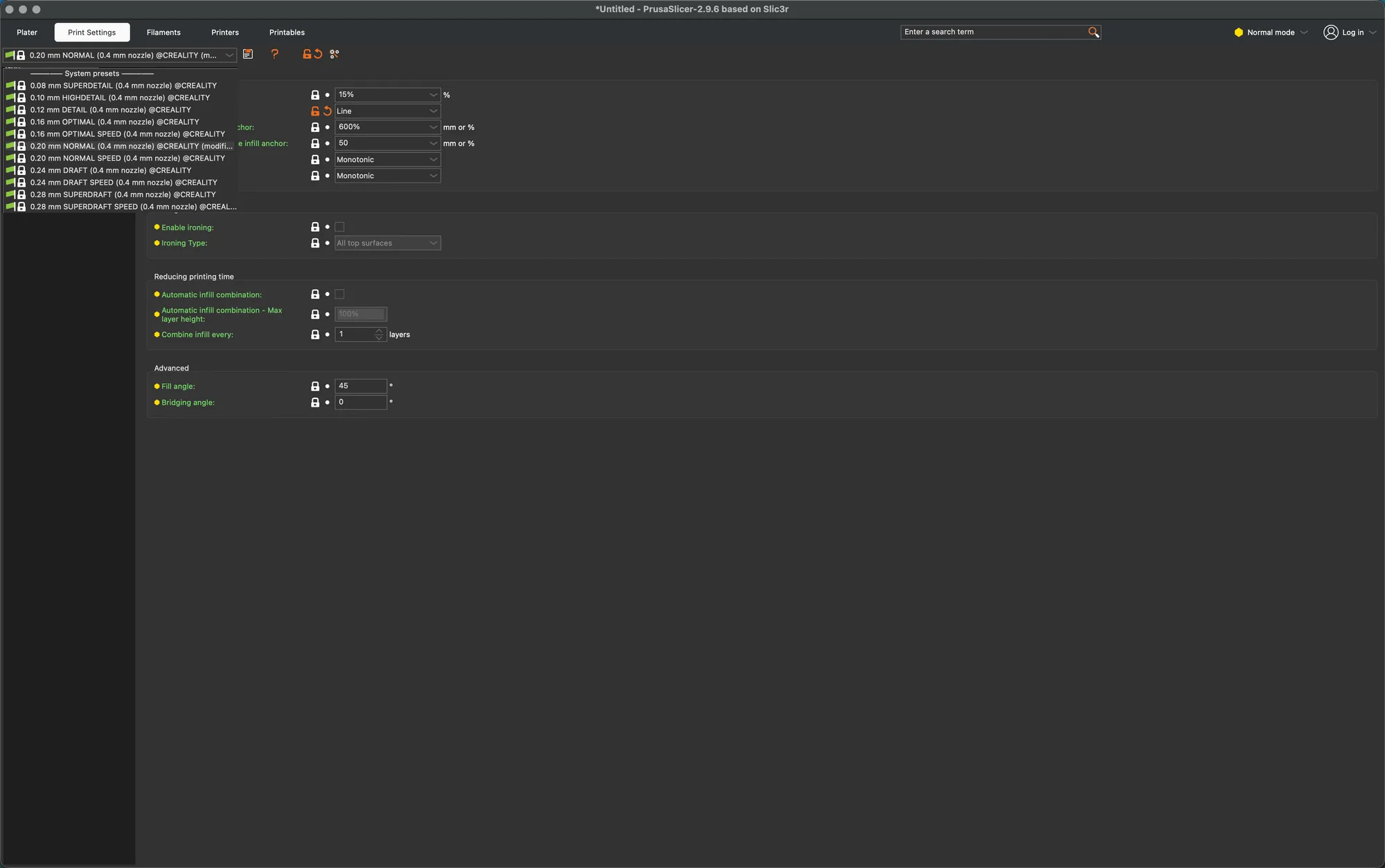 The PrusaSlicer print preset drop-down listing the Creality system presets from 0.08 mm SUPERDRAFT to 0.28 mm SUPERDRAFT SPEED