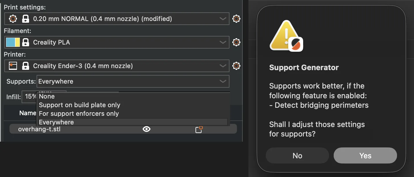 PrusaSlicer sidebar Supports drop-down listing None, Support on build plate only, For support enforcers only and Everywhere, beside the Support Generator dialog about Detect bridging perimeters
