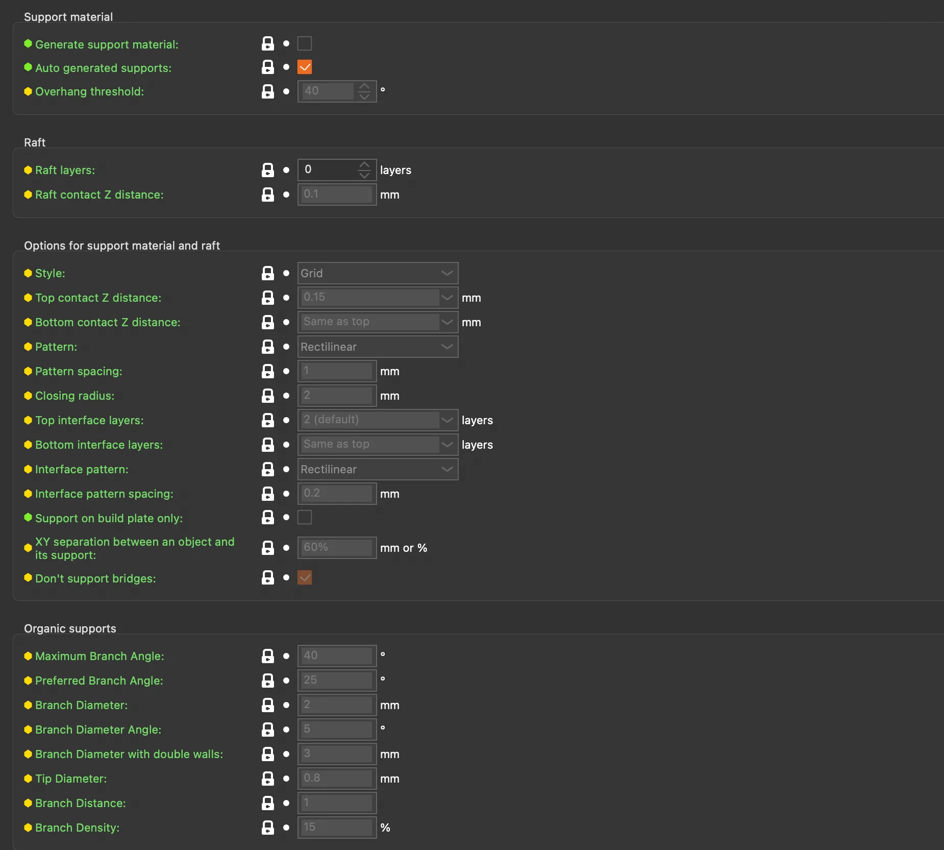 PrusaSlicer Print Settings Support material page with Generate support material, Raft, Options for support material and raft, and Organic supports groups, all supports off