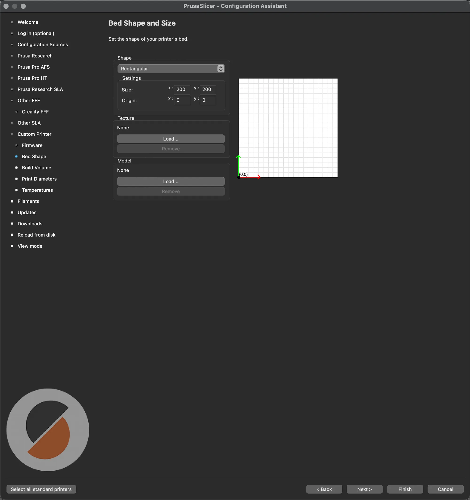 Bed Shape and Size page showing a 200 by 200 rectangular default