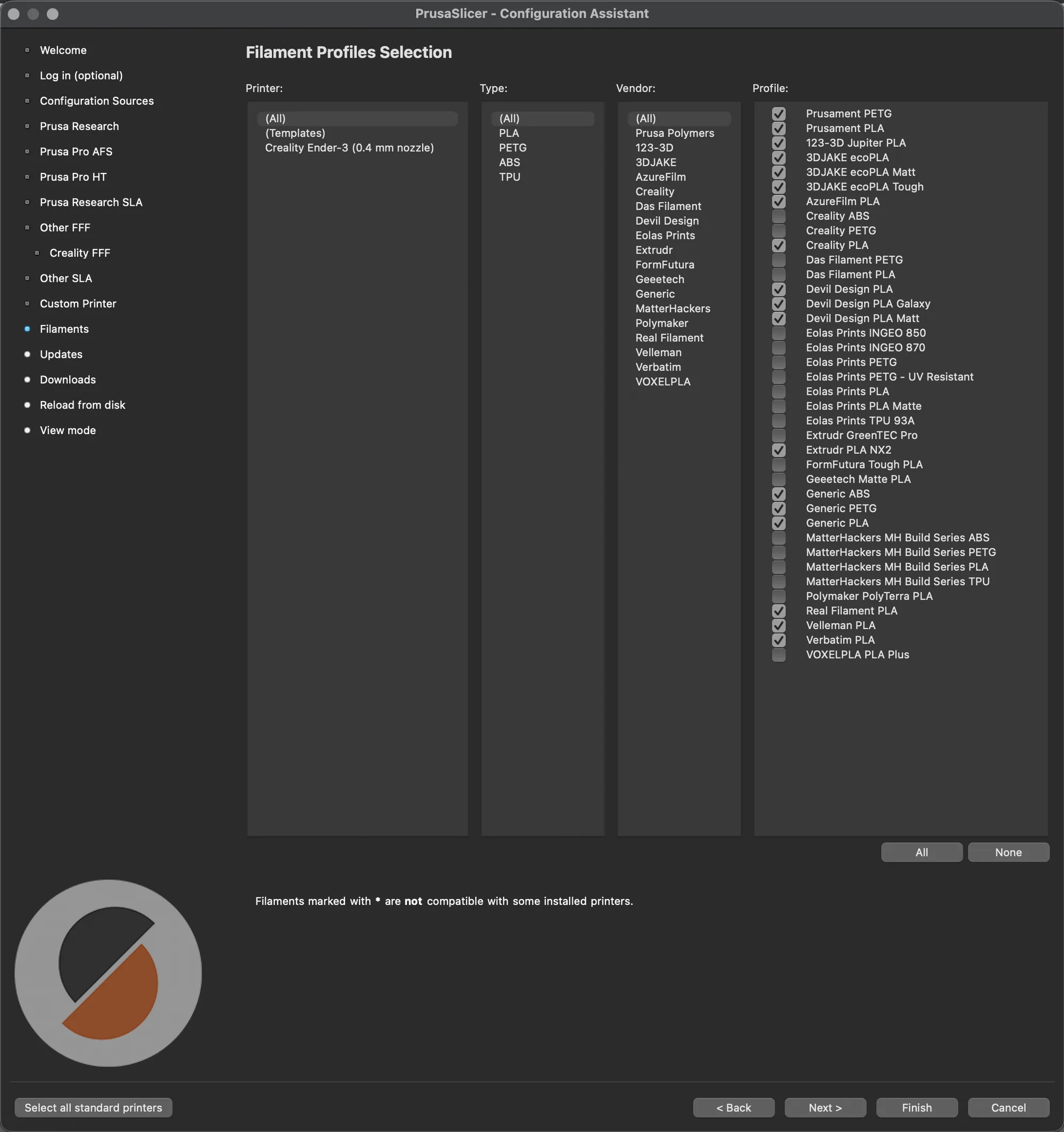 Filament Profiles Selection page with printer, type, vendor and profile columns