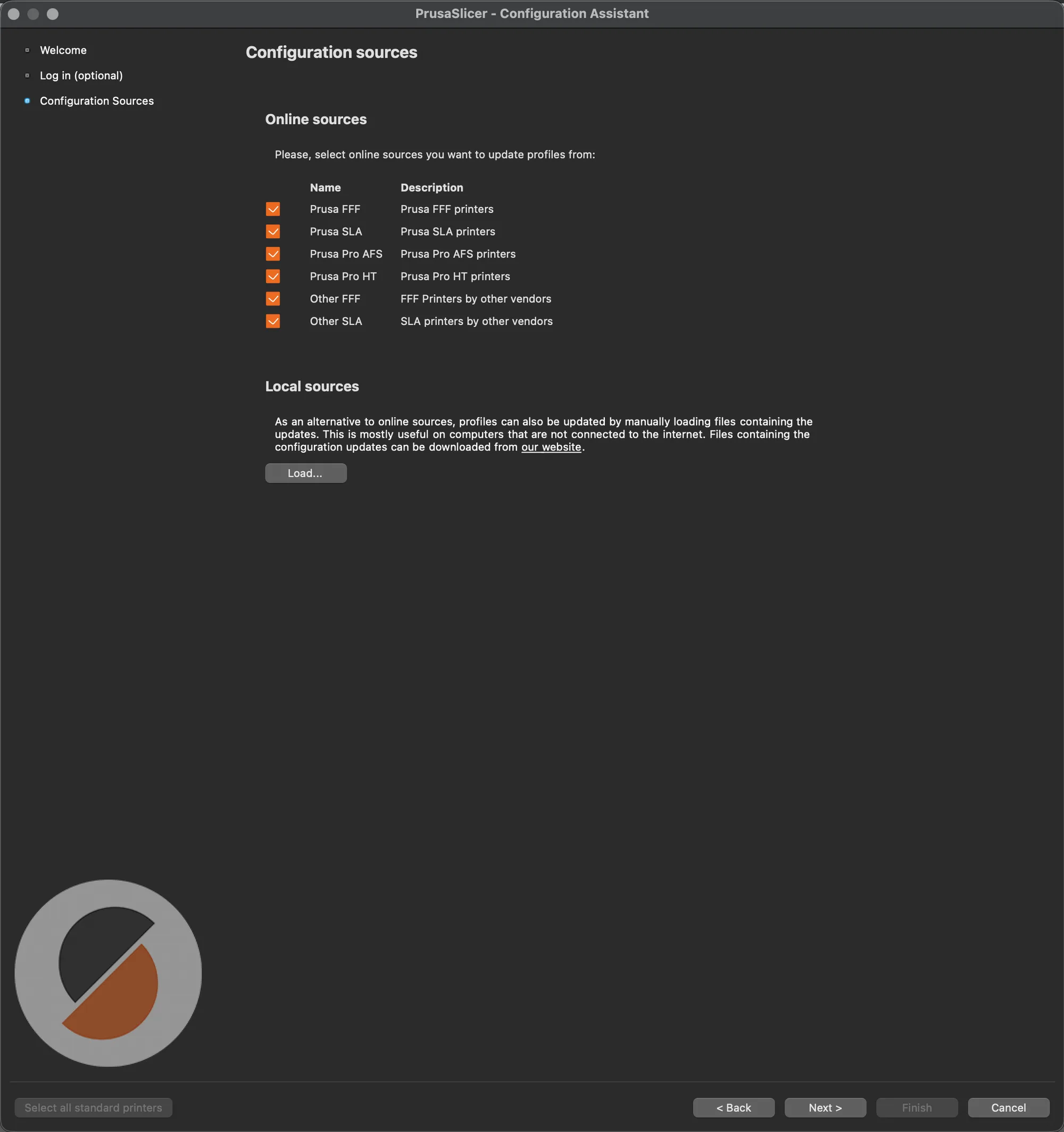Configuration sources page listing online sources with checkboxes