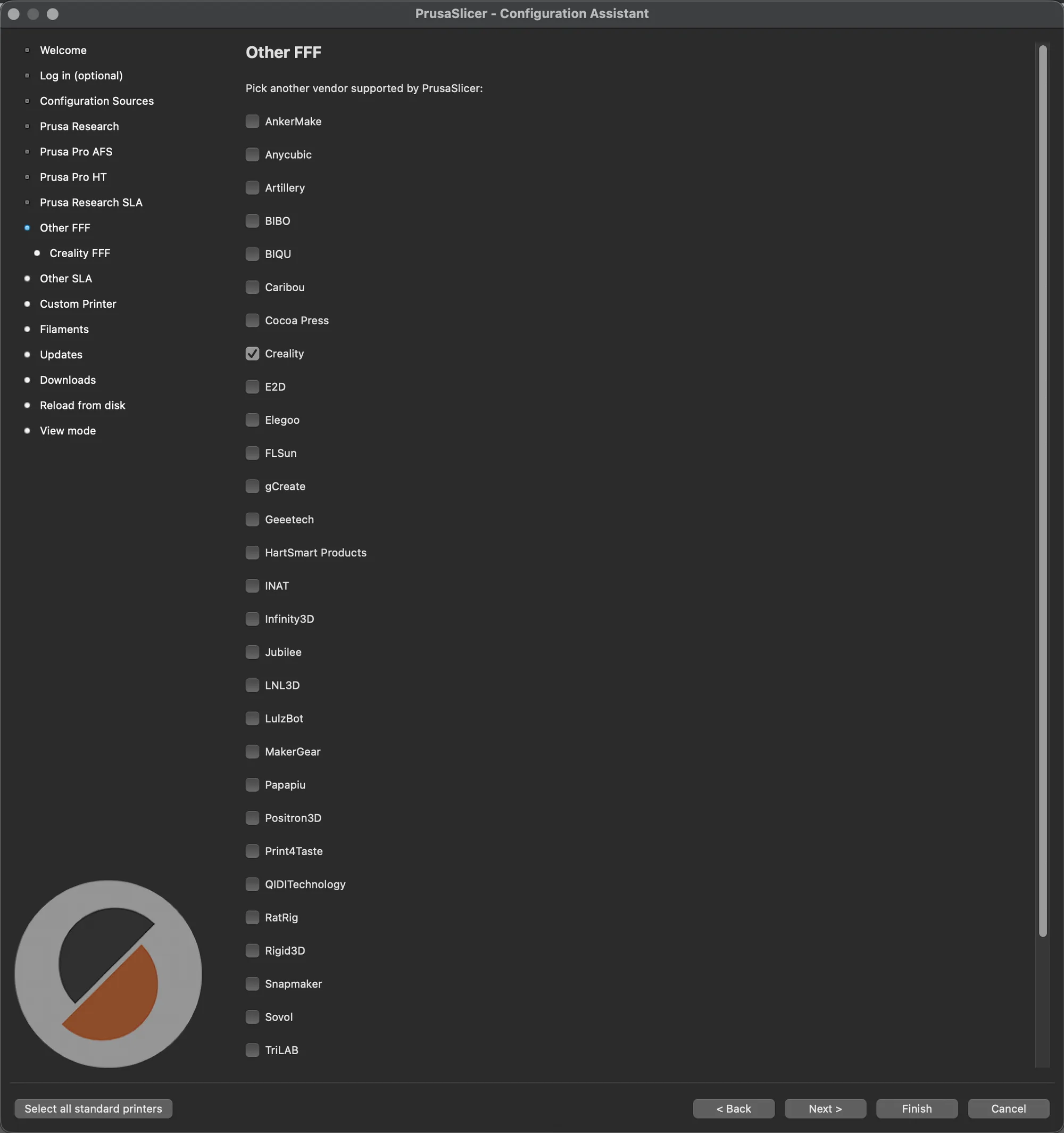 Other FFF page listing third party vendors with Creality ticked