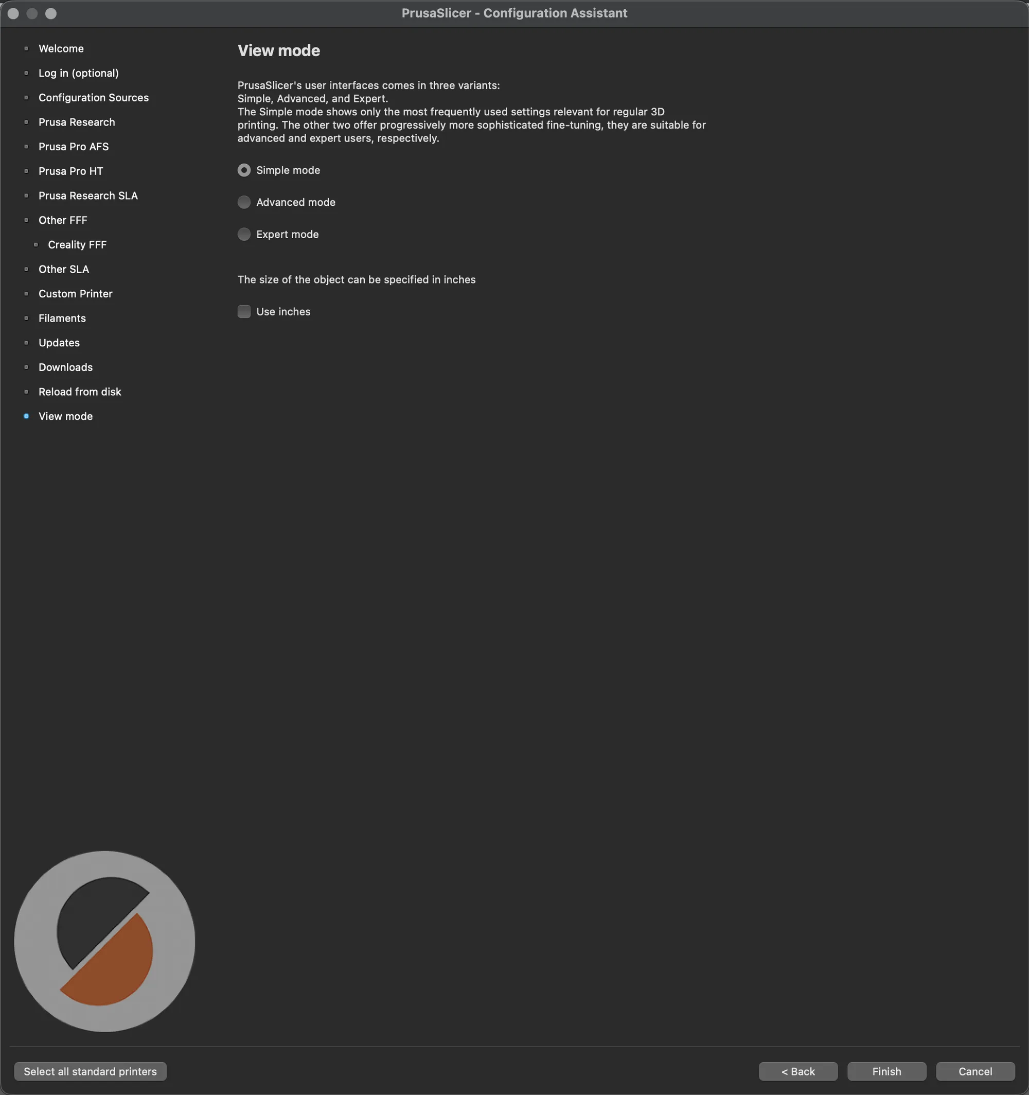 View mode page with Simple, Advanced and Expert mode options